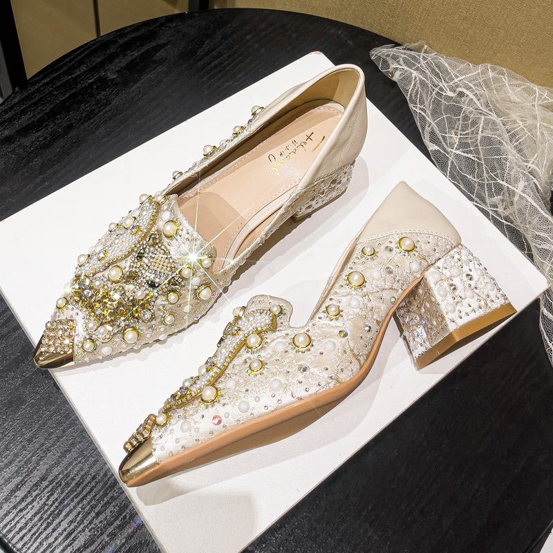Mocassins Pointus Strass pour Femmes Élégant Tempérament Chaussures Simples Fait Main Talons Hauts Talons Épais Chaussures pour Femmes Zapatos Mujer