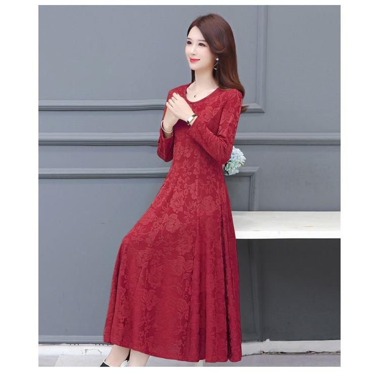 Abito Maxi Lussuoso Jacquard Floreale Girocollo Maniche Lunghe per Madri Elegante Abito da Ballo
