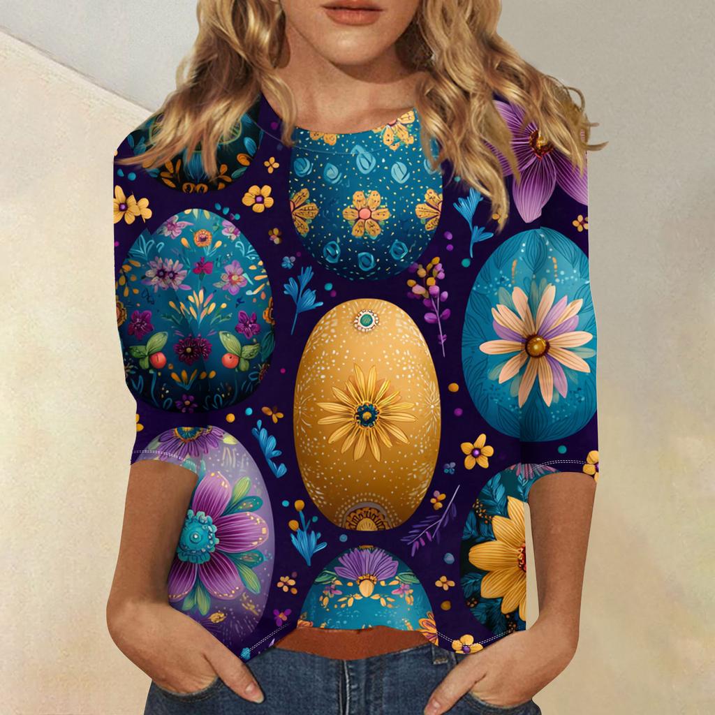 Women's Fashionable Casual Three-quarter Sleeve Easter Print Round Neck Pullover Top