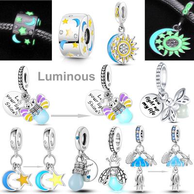 Mărgele luminoase Constelații din argint 925, licurici, meduză, bec, stea, lună, se potrivește cu bijuterii originale pentru brățară