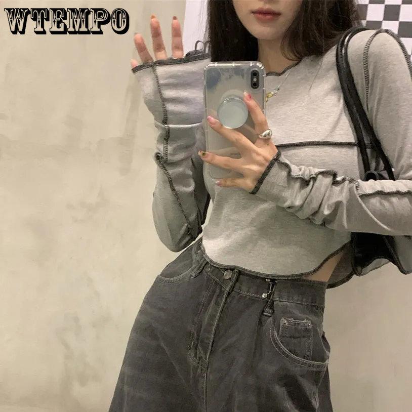 WTEMPO Tricouri cu mânecă lungă pentru femei, cu gât O, mulate, versatile, topuri de damă, uni, clasice coreene, de primăvară, de zi cu zi, de bază, populare