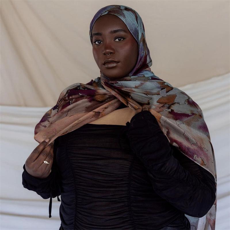 Summer Watercolour Marble Printed Hijab For Women Breathable Soft Modal Cotton Woven Muslim Scarf Turban Camping Sunscreen