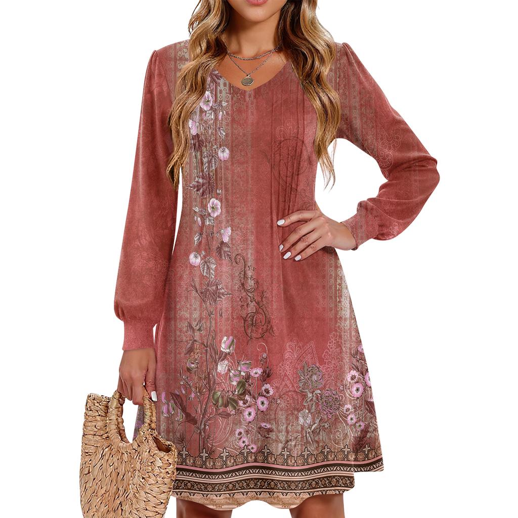 Ladies' Printed Casual And Fashionable V-neck Long Sleeved Mid Length Dress