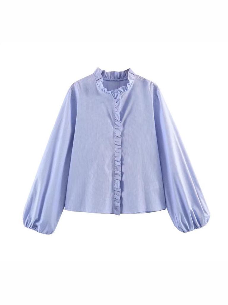 European Style 2026 Spring Stand Collar Long-Sleeve Layered Poplin Shirt
