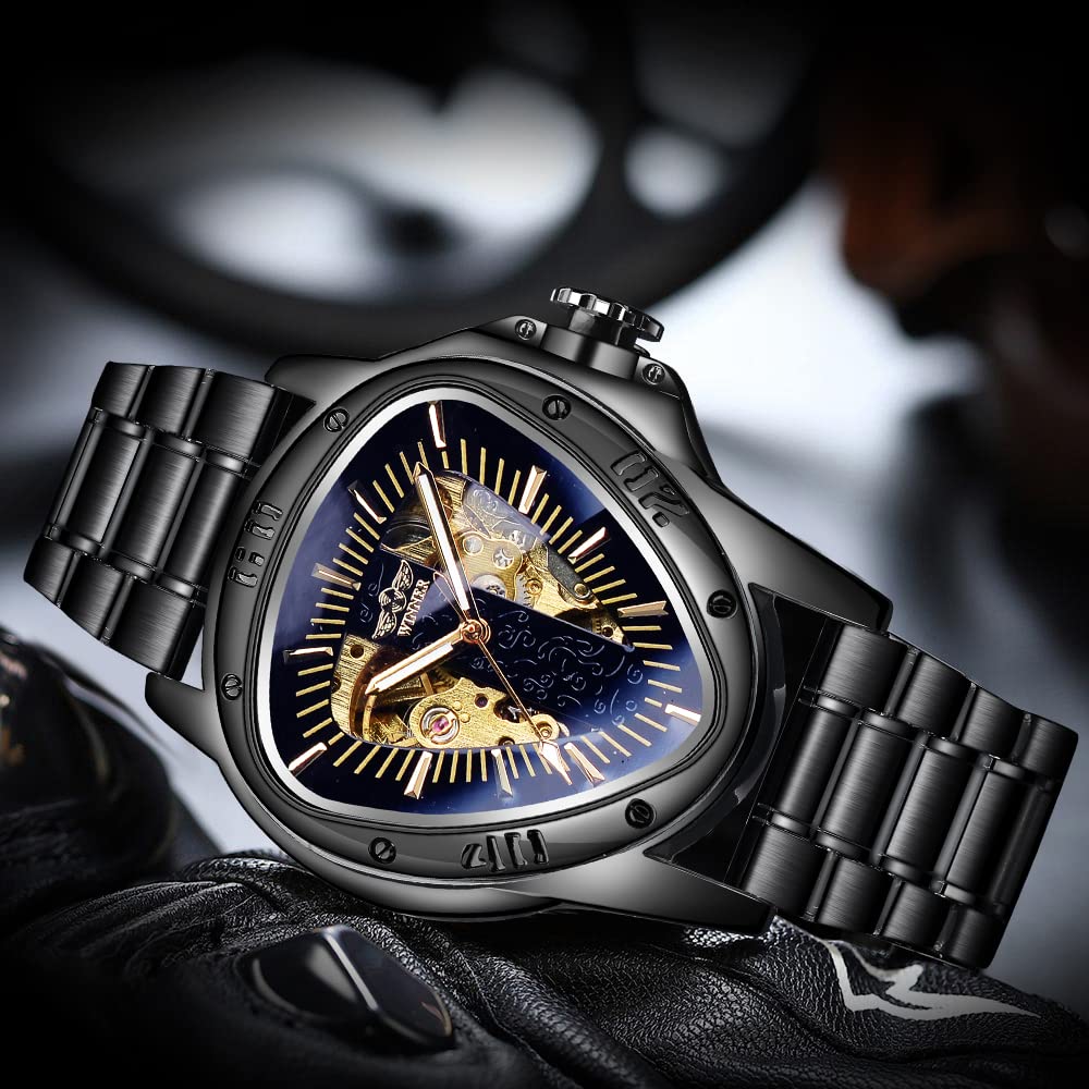 FORSINING Mechanical Wristwatch Triangle Racing Dial Waterproof Gold Skeleton Dial Automatic Movement Leather Design Men Black L Classic