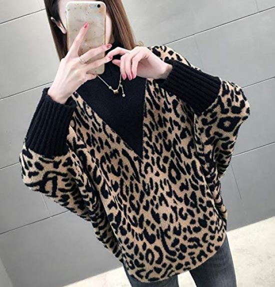 QYY Knit Loose Leopard High Dolman Fashionable Top for and Winter Women's Sweater, Fit, Pullover, Print, Neck, Sleeves, Spring, Autumn, (Black V-Neck)