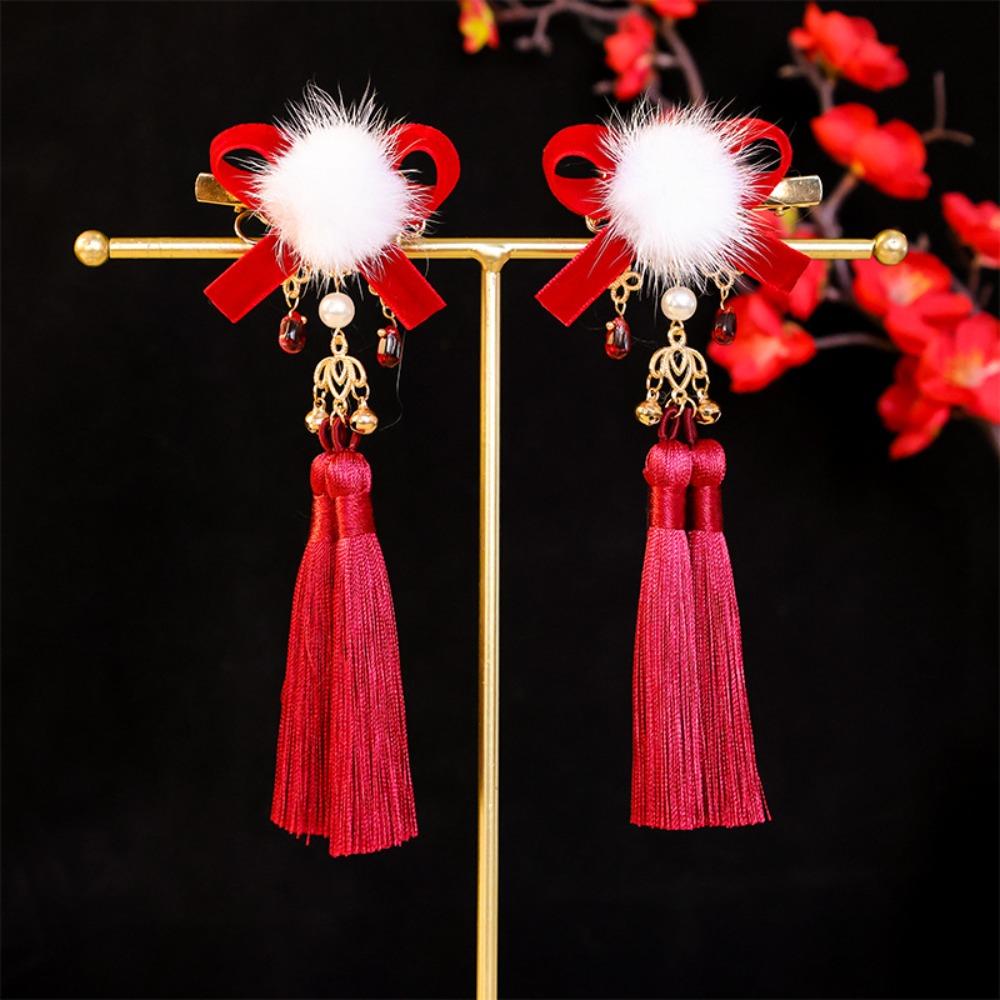 Red Hanfu Hair Clip Fuzzy Ball Chinese New Year Side Clip Exquisite Girl Headdress  Women