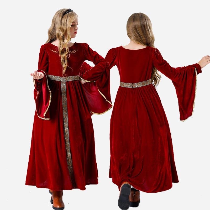 Halloween Costume European Medieval Vintage Court Queen Ball Horn Sleeve Long Dress Children's Performance Costume