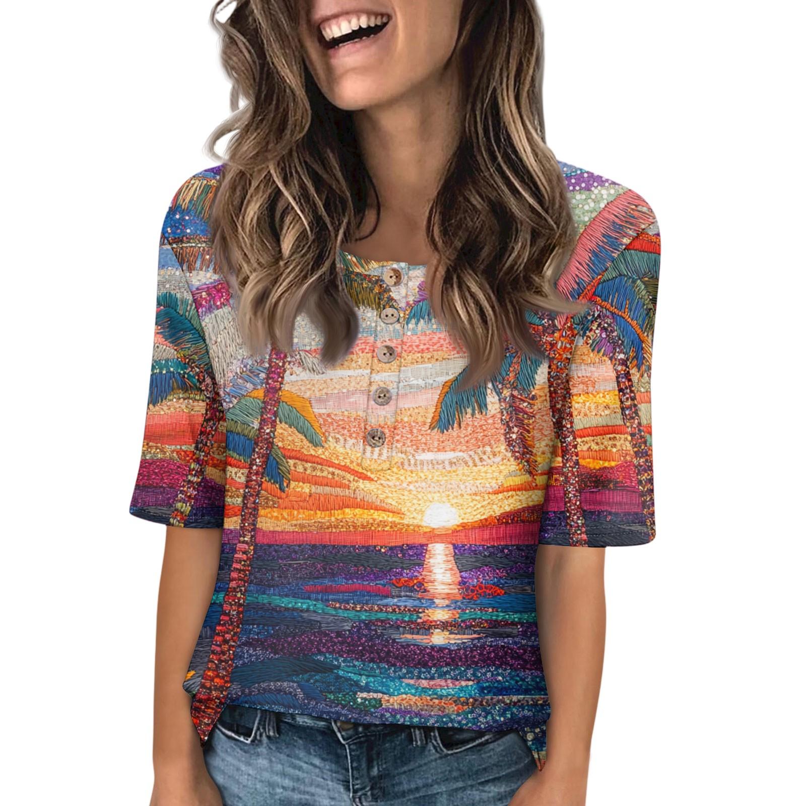 

Женская мода принтованный круглый вырез на пуговицах короткий рукав повседневный топ L фиолетовый