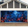 1pc 2D Flat Halloween Garage Banner Background with Skull, Bare Tree and Ghost Lights Design, No Electricity Required