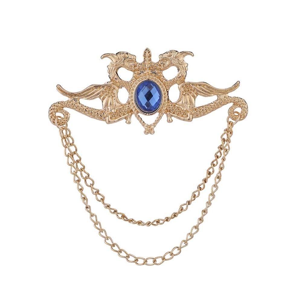 Tassel Chain Chinese Dragon Tassel Brooch Rhinestone Men Brooch Suit Collar Pin  Business Gold Blue 6.8cm