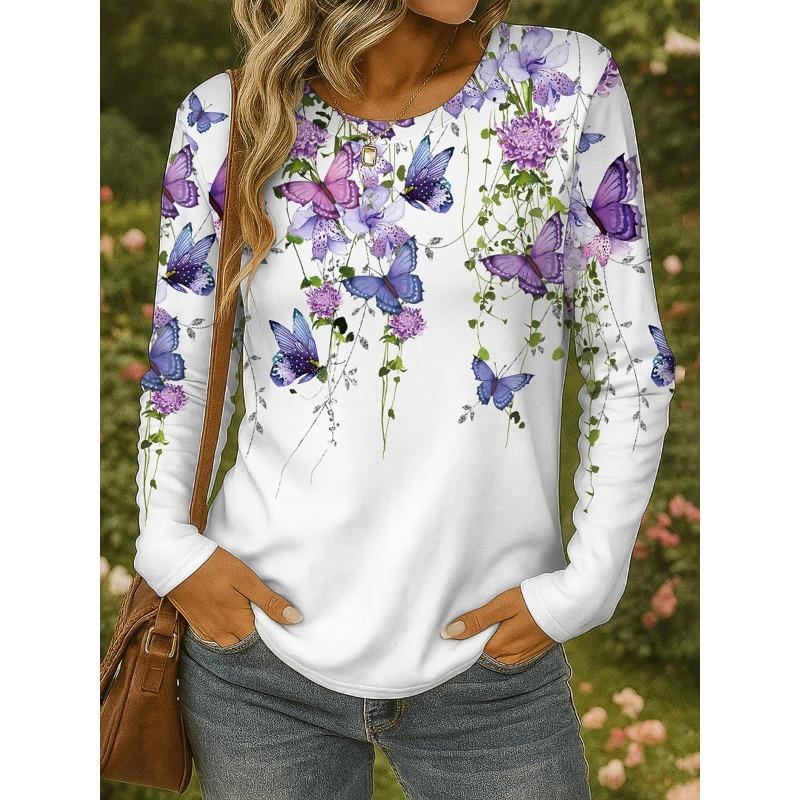 Women's Plus Size Floral Print Long Sleeve T-Shirt with Slight Stretch - Casual and Comfortable