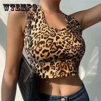 Dámský krátký sexy crop top s leopardím potiskem, halterový výstřih, malý topík, dámský s vysokým pasem, s otevřenými zády, trubkový top, trendy streetový tank top, bez rukávů, přes hlavu