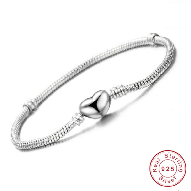 Original 925 Silver Color Heart Shape Charm Bracelet Silver Color Snake DIY Bead Bracelets Gift for Women