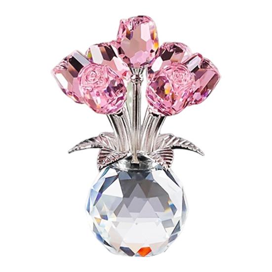 Faux Crystal Rose Flower Ornament Handmade Bouquet Figurine Mini Flower Vase Decoration Wife Girlfriend Women Wedding Anniversary Birthday Gift