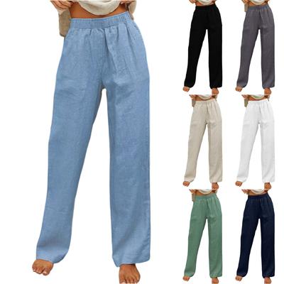 Women's Fashionable Color Elastic Waist Cotton Linen Loose Straight Leg Casual Pants