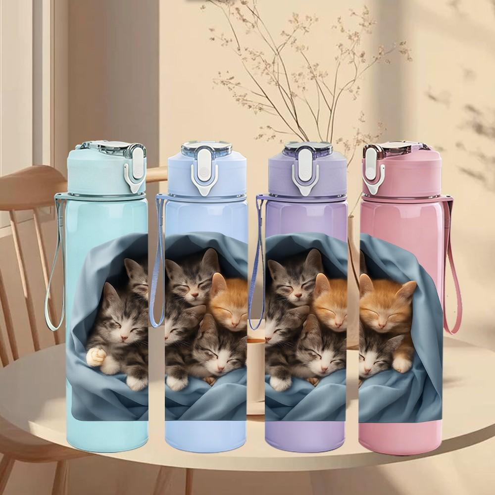 1PC Kittens Wrapped Blue Cloth 750ml Color Plastic Sports Water Bottle Leakproof Flip Straw Lid Suitable for Sports Office Home Use