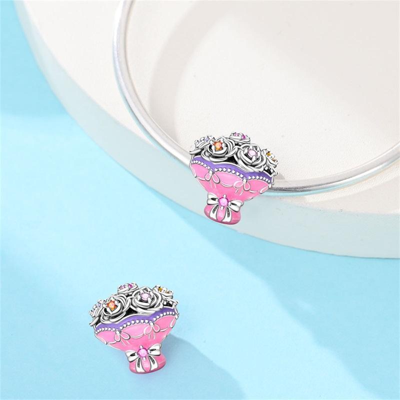 New Copper Charms Beads Pendant Pink Bouquet Love Wedding Proposal Charm For Women Bracelet Engagement Jewelry Gift