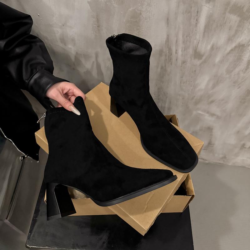 Fashion Autumn Winter Square Toe Slim Women Ankle Boots Street Style Party Short Plush Shoes High Heel Short Botas Mujer