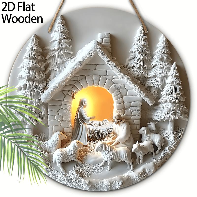5pcs Wooden Nativity Scene Christmas Sign - 2D Flat Relief, No Electricity or Battery Needed, Festive Wall Hanging Ornament for Home Decor