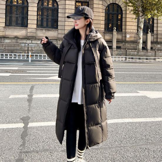 Long Puffer Jacket for Women Winter Warm Hooded Coat with Zip Thickened Long Sleeve Down Coat with Pockets