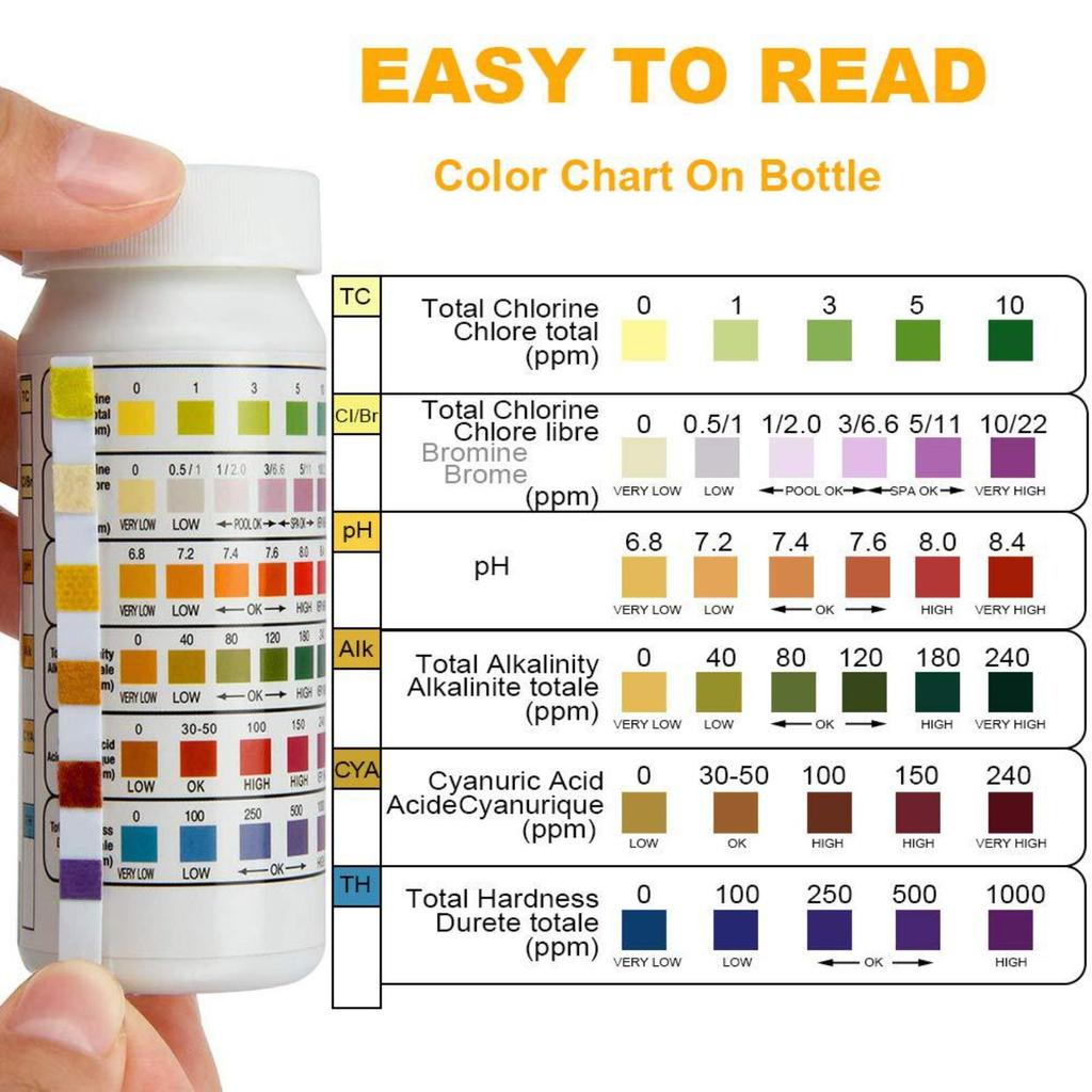 Pool And Spa Test Strips 100ct 6 In 1 Water Test Kit For Swimming Pool Hot Tub Detects PH Cyanuric Total Hardness Free Total Alkalinity
