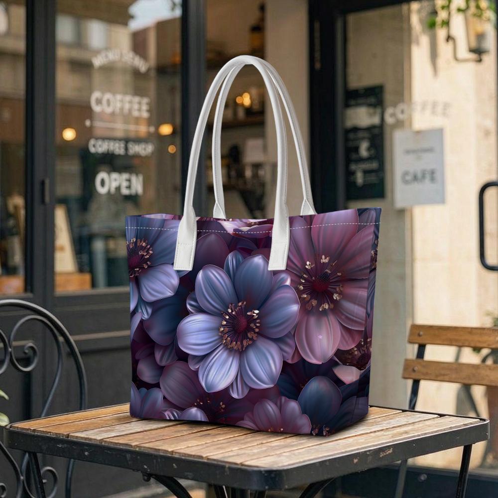 Elegant Purple Floral Printed Tote Bag Fashionable Casual Large Capacity Portable Shoulder Bag for Daily Use