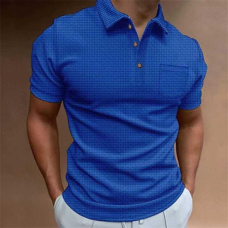 Summer New Cross-border Amazon Europe and America Waffle Men's Polo Shirt Short-sleeved Button-up T-shirt Top