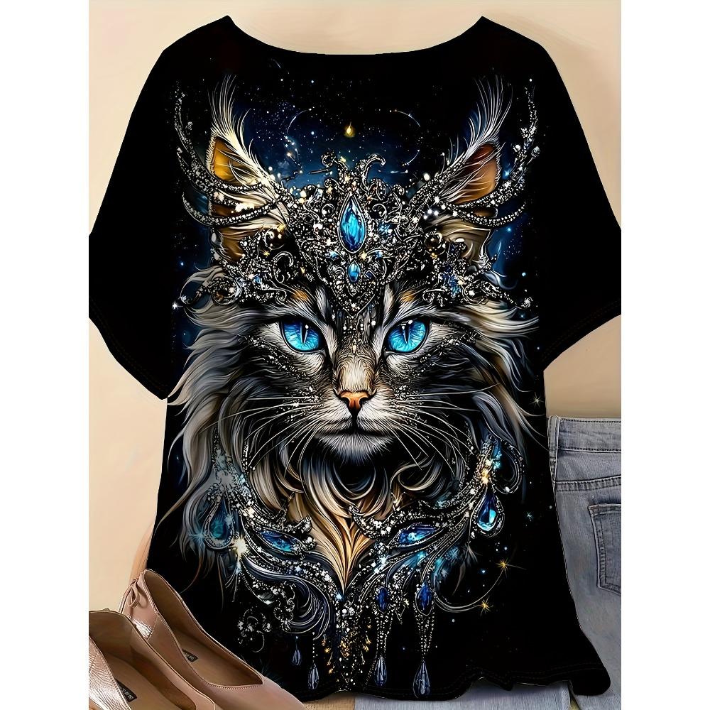 Women’s Summer Casual Loose Fashionable Comfortable 3D Cat Printed T-shirt- Soft Medium Stretch Polyester Fabric Summer Relaxed Fit Clothing