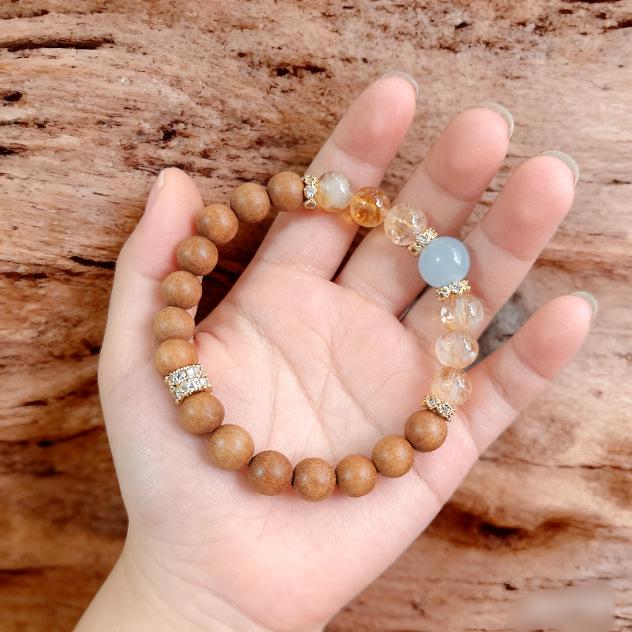 Natural Sandalwood & Aquamarine Heart Sutra Crystal Bracelet