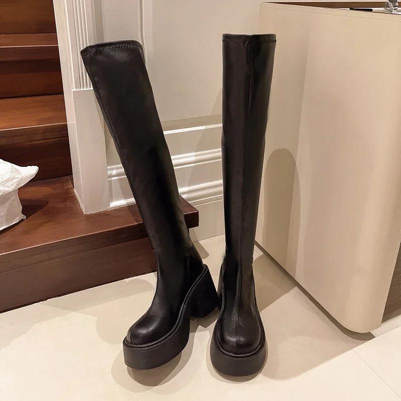 Punk Style Women's Knee High Boots, Fashionable Round Toe Boots, Autumn and Winter Thick Soled High-heeled Women's Boots