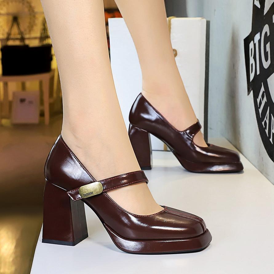 Scarpe da Donna Tacco Alto Stile Retro Europeo e Americano, Tacco Grosso, Tacco Alto, Plateau Impermeabile, Fibbia in Metallo, Cinturino Dritto, Scarpa Singola