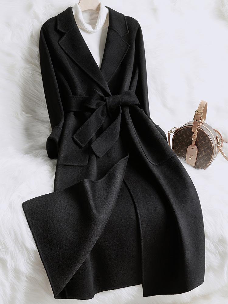 

Женское бежевое приталенное шерстяное пальто средней длины S чёрный