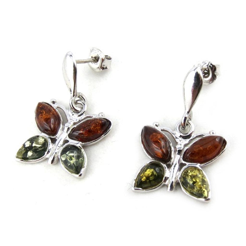 Les Trésors De Lily [N2151] – Silberne „Butterflies“-Ohrringe, Cognac-Bernstein und Grün (rhodiniert) – 25 x 16 mm
