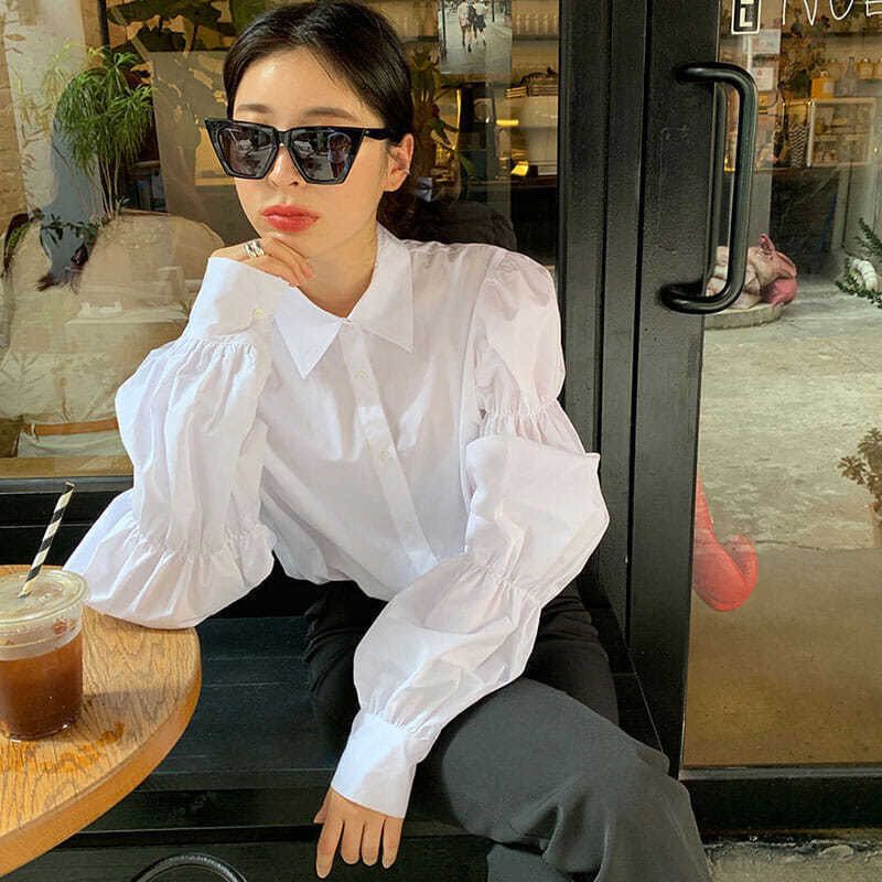 Puff Long Sleeve Women's Shirt White Elastic Pleated Turn Down Collar Blouse Korean Style Spring New Version Loose Sweet Female Top