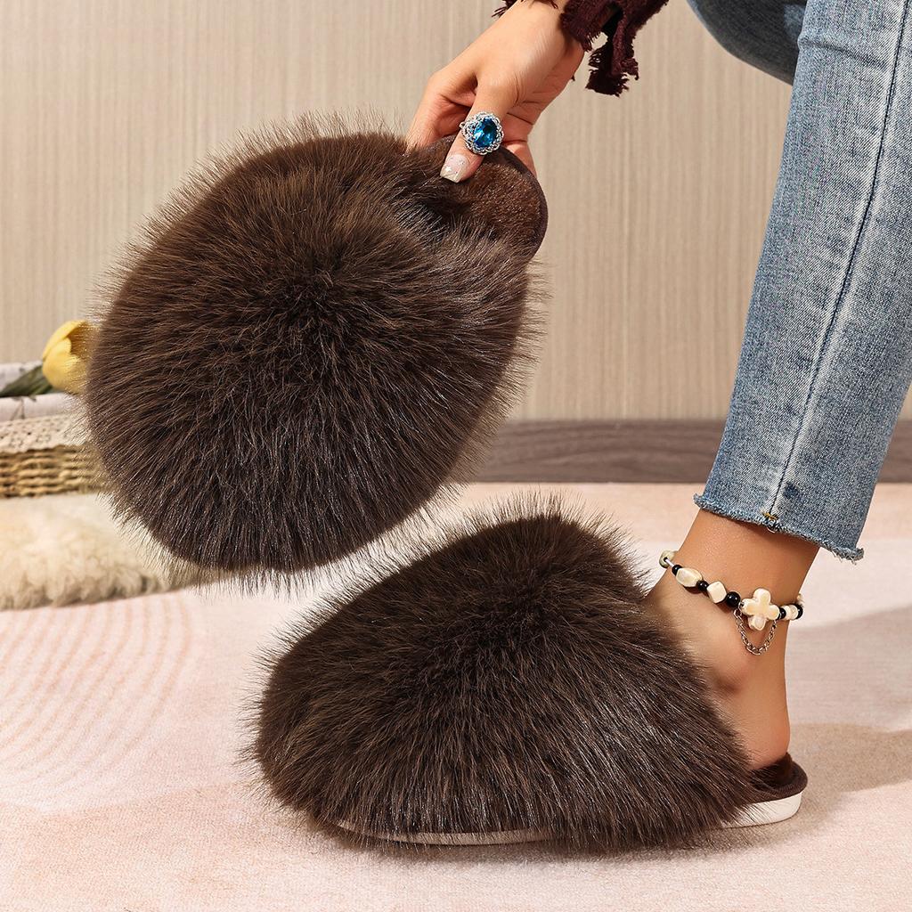 Korean Style Faux Fur Slippers with Non-Slip Rubber Sole