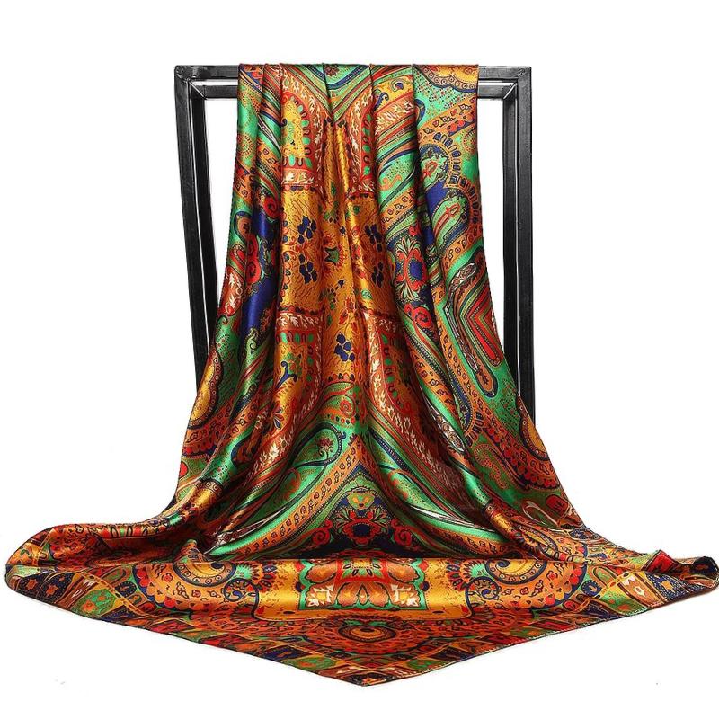 Fashion Scarves For Women Print Silk Satin Head Scarf Female 90cmx90cm Luxury Brand Square Shawl Large Hijab Scarfs For Ladies