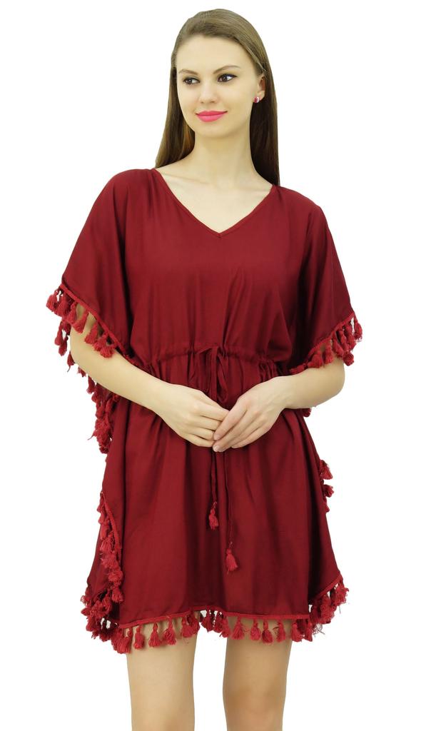 Bimba Women's V Neck Tassel Kaftan Short Rayon Caftan Designer Beachwear Coverup