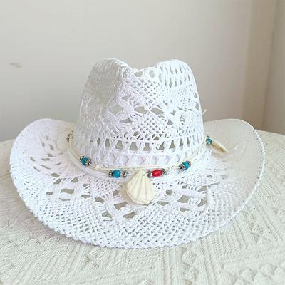NewWomen's Summer Hand-woven Hollow Straw Hat Shell Decoration Holiday Beach Sun Hat Chapeu Panama Femininocowboy Hat