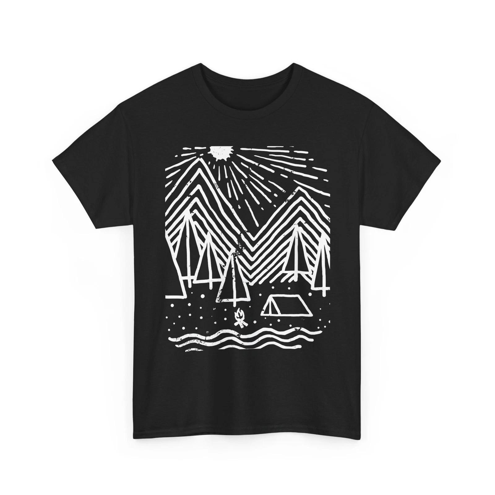 Mountain Camping Tee | Tent, Campfire, Pine Trees Night Scene, Cool Graphic Tee S
