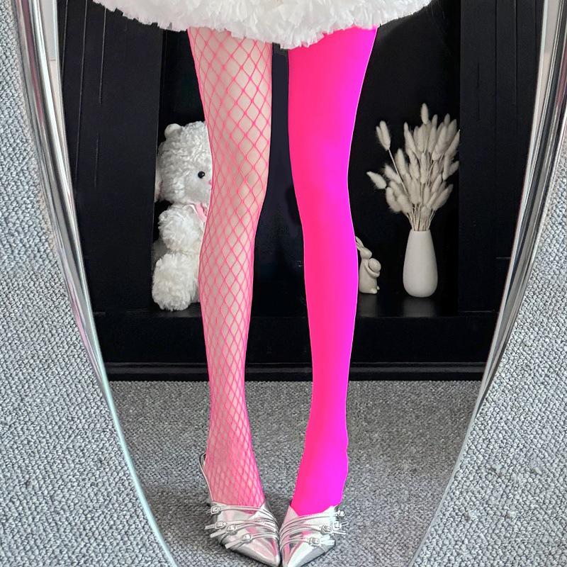 Yin Yang Fishnet Velvet Patchwork Tights - Black & White, Purple Color Block, JK Style, Pure Desire.