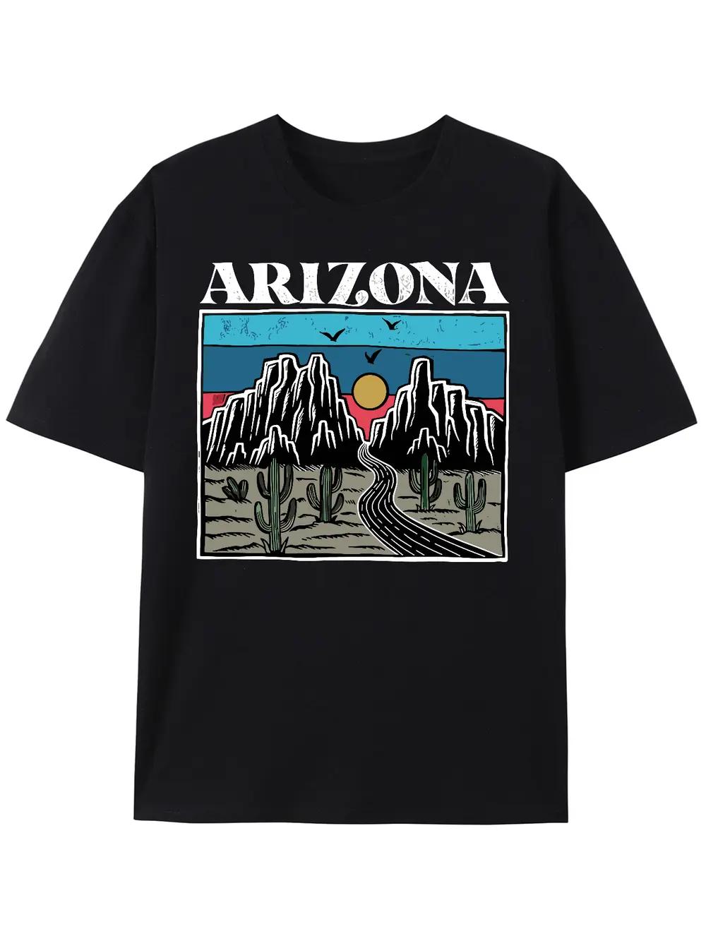 

100% Cotton Arizona Desert Graphic T-shirt - Black Casual Short Sleeve Tee with Mountain & Cactus Print S