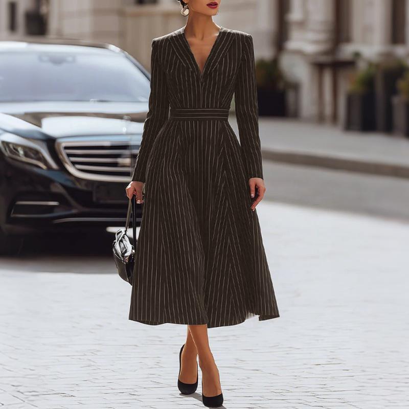 

ZANZEA Women Elegant Casual V-neck Long Sleeve Stripe Dress 2XL коричневий