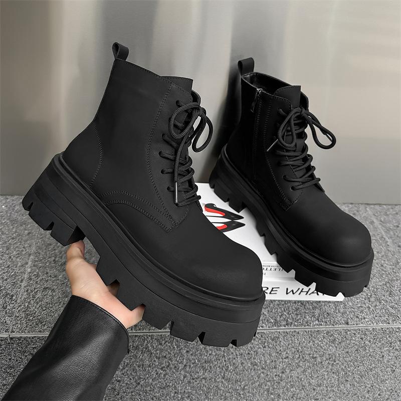 Fashion 2025 New British Style Men's Short Boots Autumn New Men's Boots Platform Boots Fashionable Black High Top Leather Shoes for Men