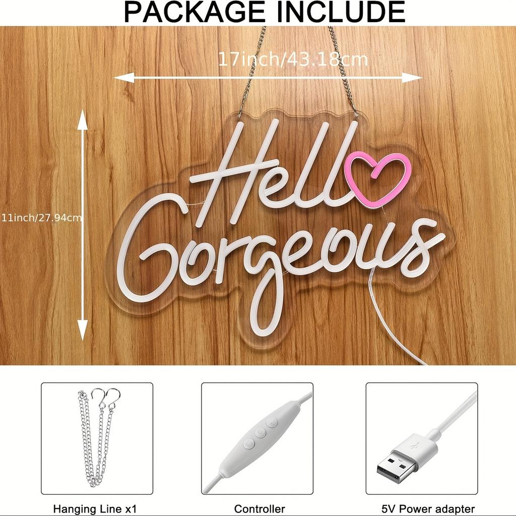 Hello Gorgeous Neon Sign Pink Led Neon Light Letters Heart Decorative Wall Lights for Girls Room Wedding Anniversary Engagement