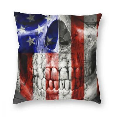 Federa per Cuscino Quadrato Teschio Bandiera Americana Poliestere Cuscino Decorativo Bandiera USA Copricuscini Divertenti