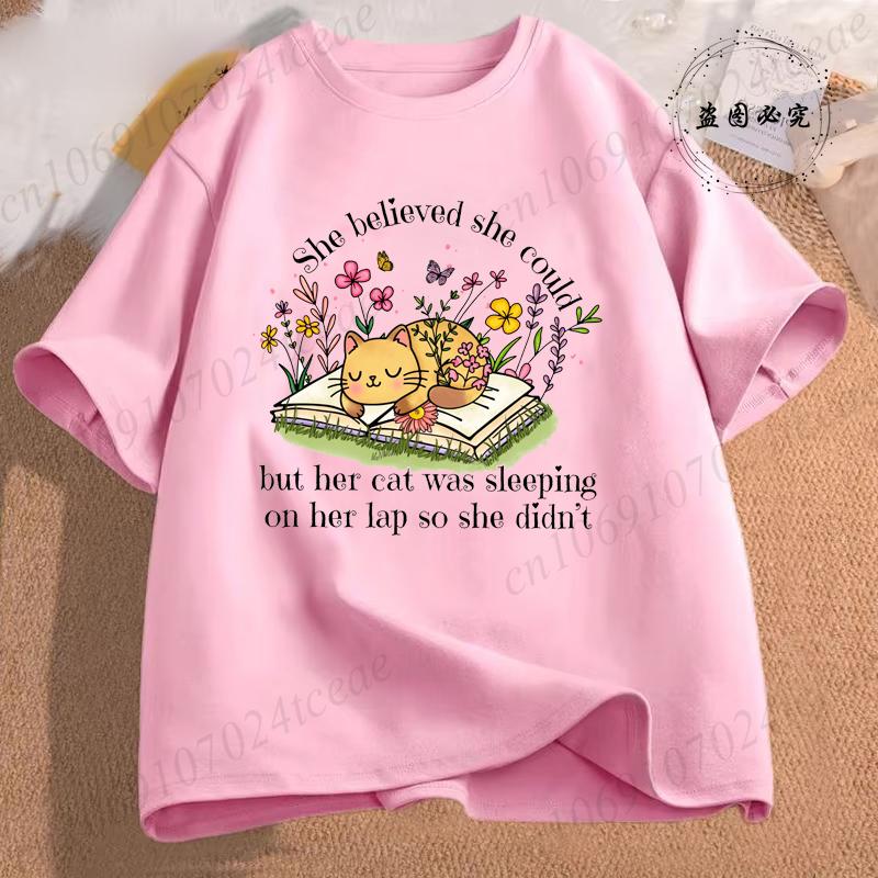 She Believed She Could Tees Tops Funny Floral Cat Shirt Women Fashion Tshirt Tops Oversize Summer Tshirt Short Sleeves Clothing