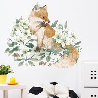 3d Fox with Flower Wall Stickers for Bedroom Self Adhesive Home Decor Living Room 3d Cartoon Animal Wall Art Decals