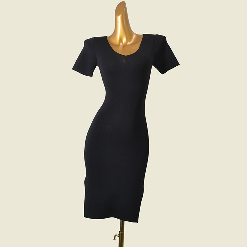 

Minimalist Solid Color and V-neck Knitting Short Sleeve Dress Spring and Summer New Arrival Silm Slim Looking Sexy Split Sexy Sheath Black