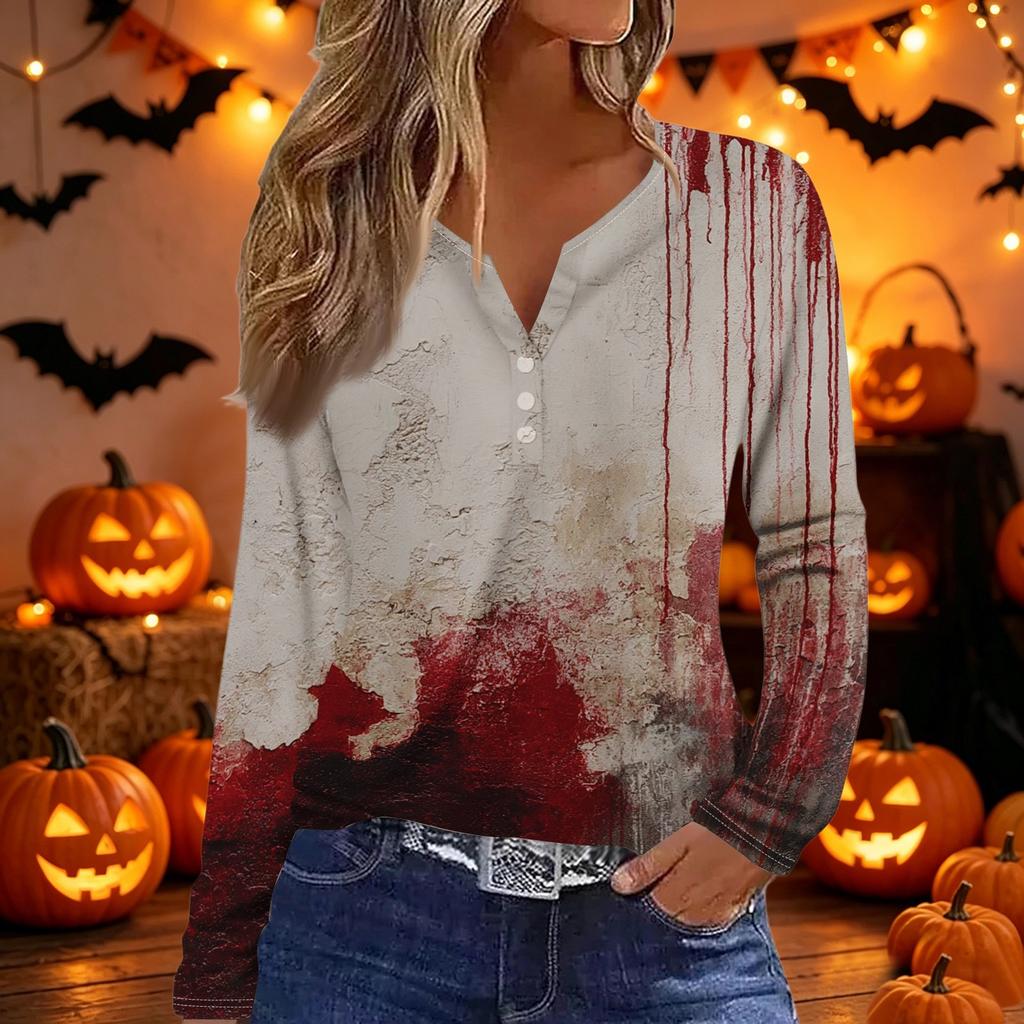Women’s Casual Halloween Bat Print V Neck Decorative Button Long Sleeve T Shirt Top for Daily Wear and Holiday
